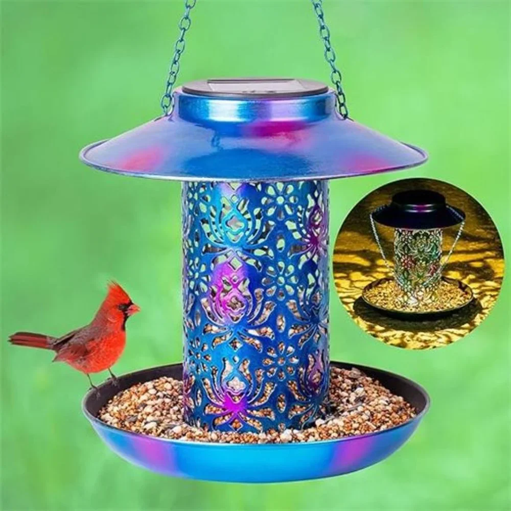 Solar Bird Feeder for Outdoors Hanging, Metal Wild Cardinals Garden Lantern
